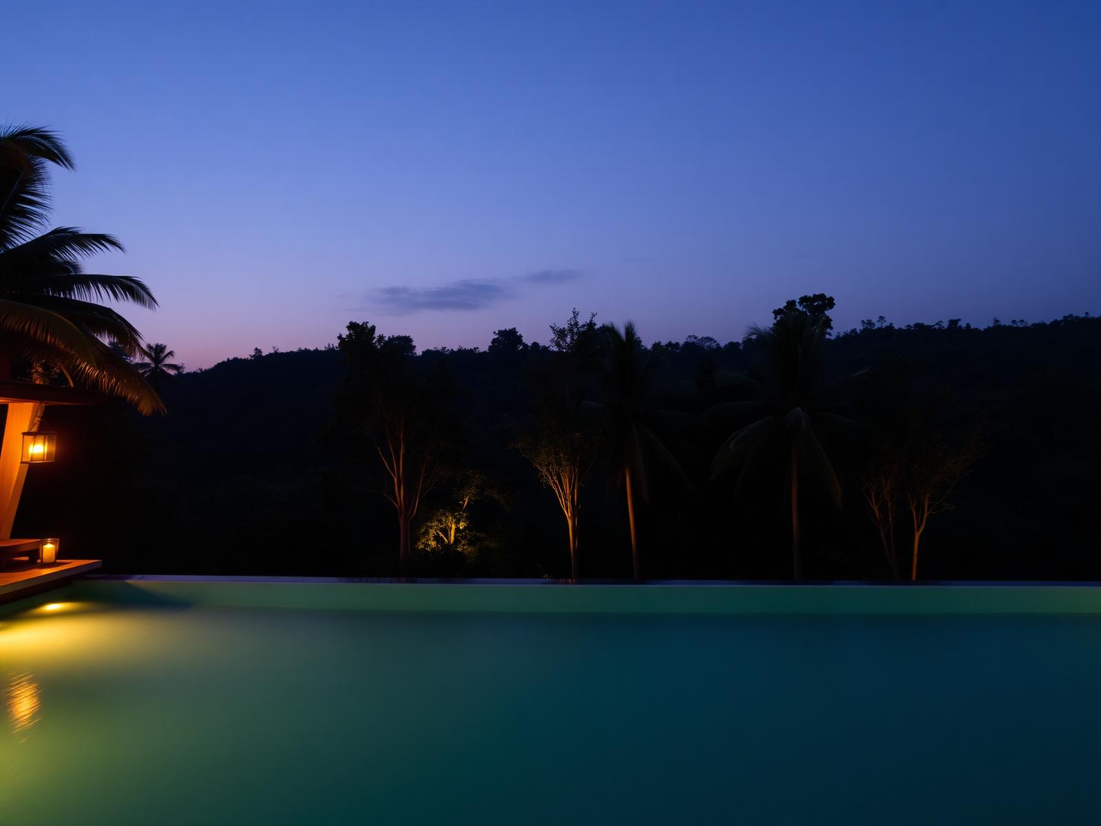 Twilight infinity pool surrounded by forest