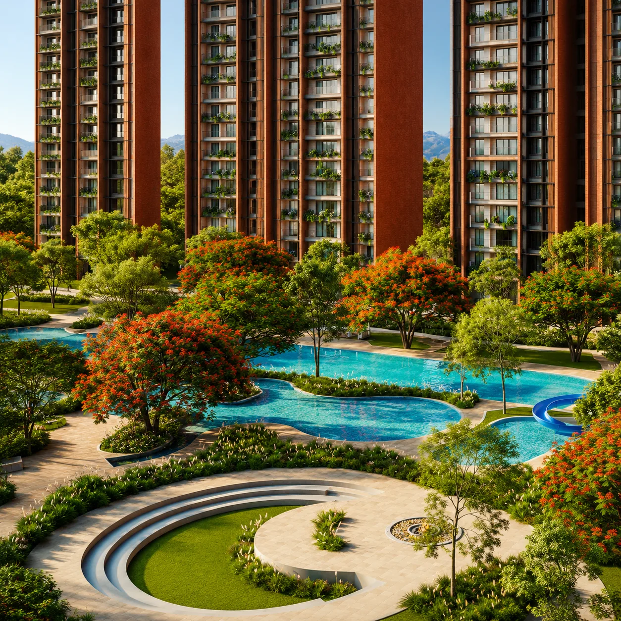 Sobha Aranya amenities — resort-style swimming pool, amphitheatre and landscaped forest greens below the residential towers