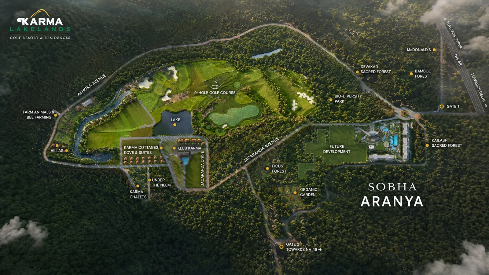 Sobha Aranya master plan within Karma Lakelands — 9-hole golf course, lake, sacred forests, bio-diversity park and NH-48 access gates