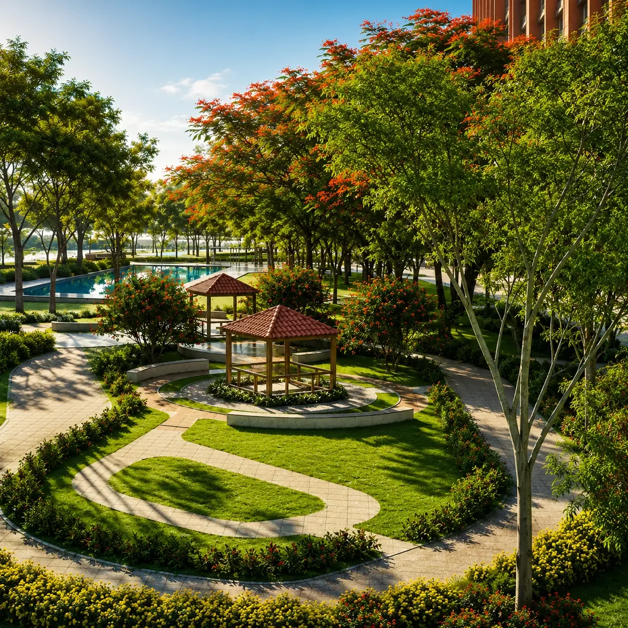 Sobha Aranya landscaped park — walking trails, gazebo, flowering trees and open green lawns within the community