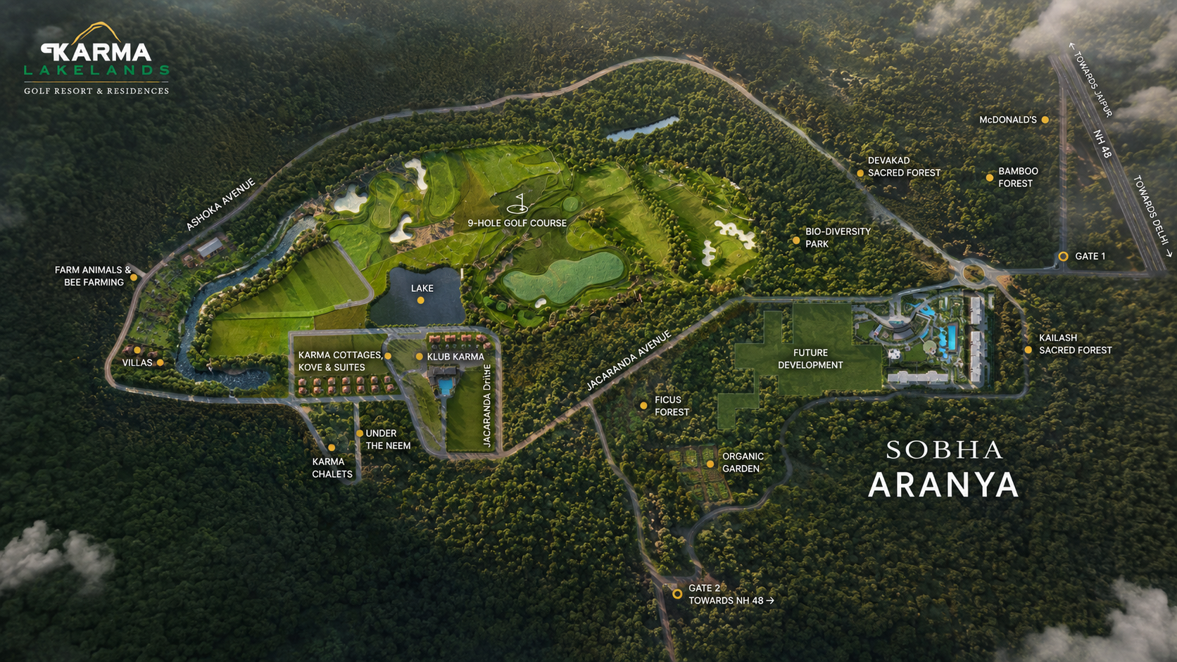 Karma Lakelands 270-acre estate overview with 9-hole golf course and Sobha Aranya