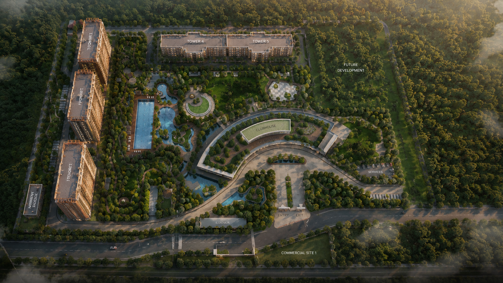 Sobha Aranya master plan — aerial render of five towers, clubhouse and central greens