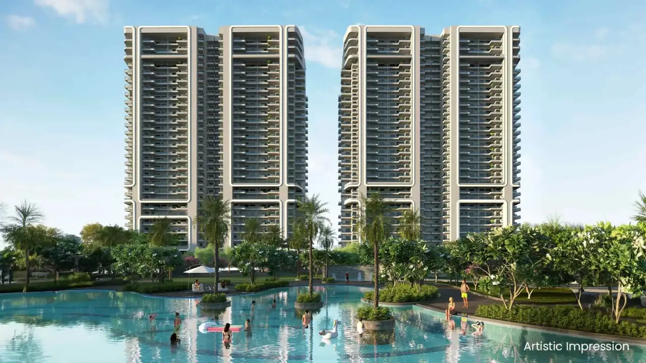 Smartworld One DXP Luxury Apartments Sector 113 Gurgaon — high-rise towers overlooking the resort pool